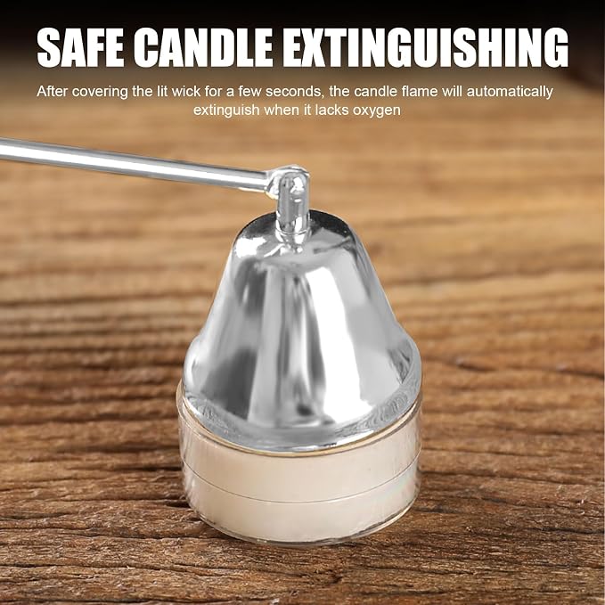 Candle Snuffer, Candle Snuffers Wick Snuffer, Candle Accessory, Extinguish Candle Flame Safely with Long Handle Putting Out Fire, Candle Extinguisher Tool (Silvery)
