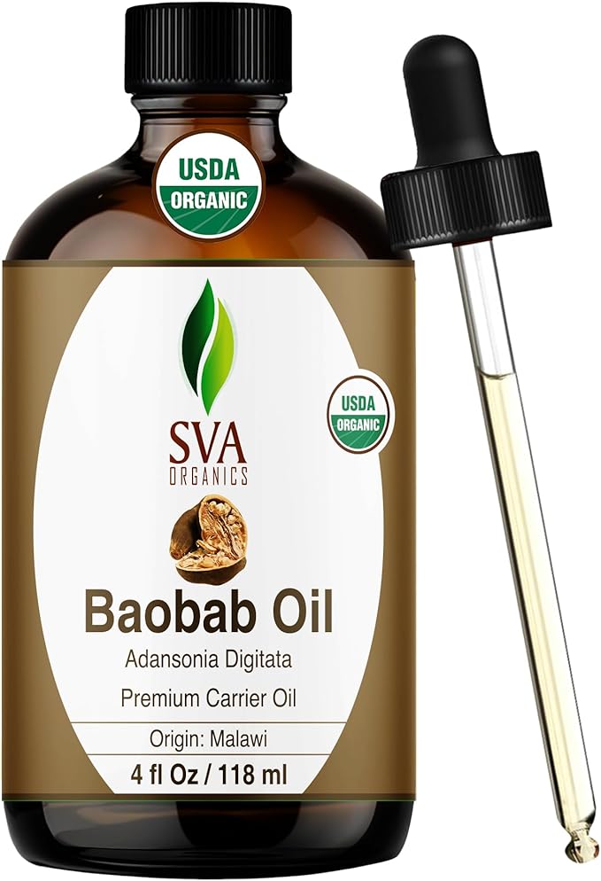 SVA Baobab Seed Oil Organic - 4 Fl Oz – 100% Natural Cold Pressed Organic Baobab Oil - for Face, Skin Care, Hair Care, Scalp Massage & Body Massage – Carrier Oil with Dropper