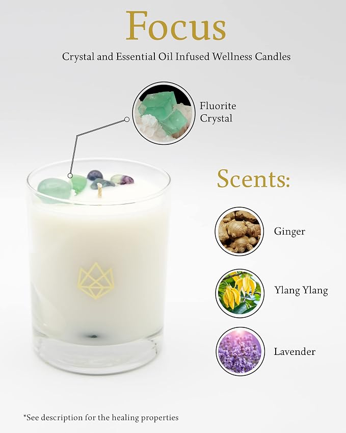 Luxury Glass Jar Candle, 14.5 OZ, Focus - Fluorite Crystal Infused - Scents of Orange, Ginger, Ylang-ylang, & Lavender - Awareness, Mental Order, & Clarity - Coconut Wax Blend