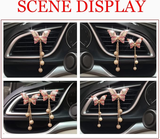 Bling Butterfly Pendant Air Vent Clips, 2 Pcs Crystal Aromatherapy Air Fresheners Outlet Clips, Car Diffuser Perfume Clip for Girls Women Girl, Car Interior Diamond Decoration Rhinestone Accessories