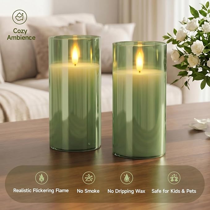 Homemory Sage Green Glass Flameless Candles Battery Operated LED Pillar Candles with Remote and Timer, Real Wax Flickering Candles Home Decor, Wedding, Easter, Farmhouse, Table Centerpieces, Set of 2