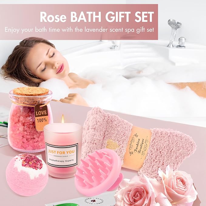 12 Piece Spa Gifts Set for Women, Self Care Gift Basket for Mom Wife Her, Relaxing Gifts with Eye Mask, Water Bottle, Bath Bombs, Aromatherapy for Valentines Day, Birthday, Christmas (Rose)