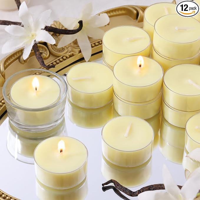 DEVI Vanilla Scented Tea Lights Candles 12 Pack, 5 Hours Natural Palm Tea Candles Bulk for Home Scented, Small Tealight Votives with Essential Oils for Home, Wedding, Baby Shower Favors & Gifts
