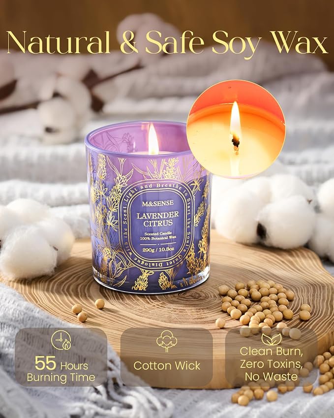 M&SENSE Lavender Citrus Soy Candle, Calm Sleep Relaxation Gift | 55H Clean Soy Wax Slow Burning, Bedtime Ritual For Bathtub, Non-Toxic Nightstand, Reusable Purple Jar