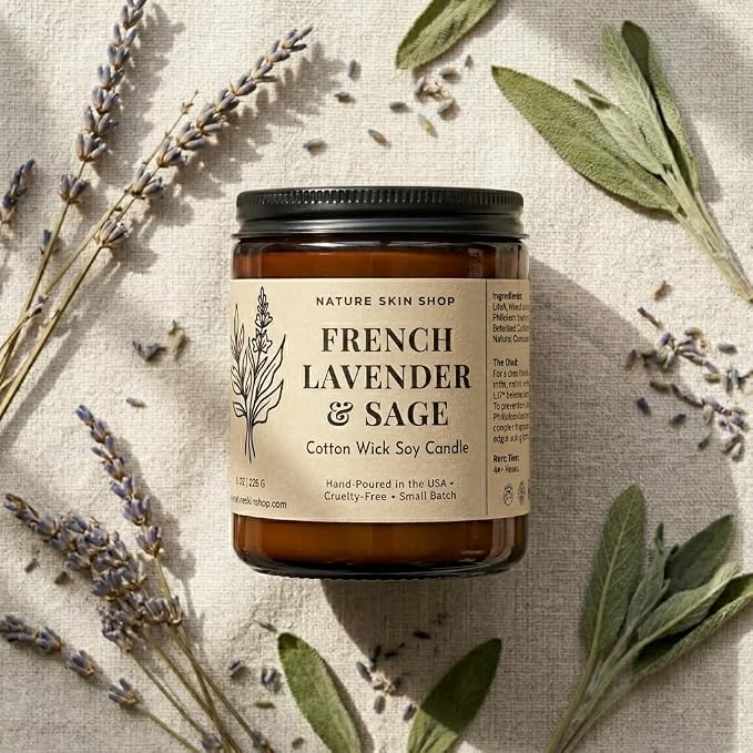 Nature Skin Shop French Lavender and Sage Artisan Soy Candle Calming Aromatherapy Home Fragrance Vegan Cotton Wick 8 oz