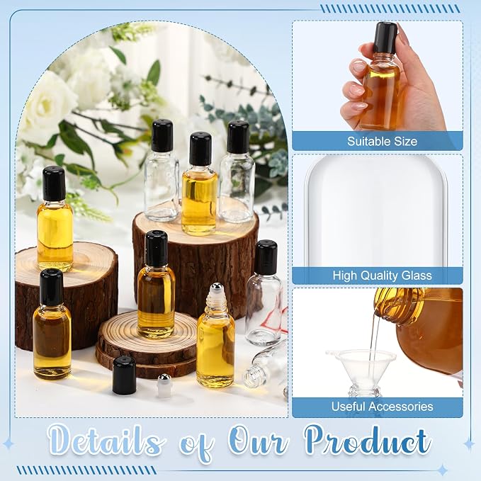Sumind 24 Sets Clear 30ml Roller Glass Bottle Essential Oil with Stainless Steel Refillable Sample Container Brown Empty Roller Bottle Applicator with Funnel Sticker for Travel