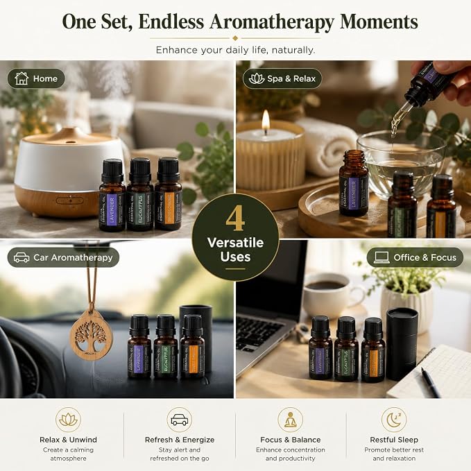 Essential Oils Gift Set - 3 x 10ml Lavender, Eucalyptus & Sweet Orange, 100% Pure Plant-Based Therapy for Car Aromatherapy，Diffusers, Humidifiers, Relaxation & Home Spa - The Serenity Trio