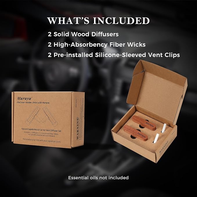 2-Pack Car Diffuser Vent Clip, Non-Electric Essential Oil Air Freshener, Refillable Sapele Wood Design, Customizable Subtle Scent (No Essential Oils)
