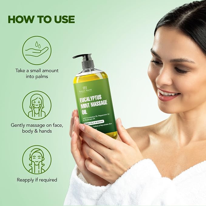 Botanic Hearth Eucalyptus Massage Oil 8 Fl Oz | Refreshing, Relaxing Massage Oils for Muscle Relaxing & Joint Comfort | Made with Natural Oils | for All Skin Types, for Men & Women