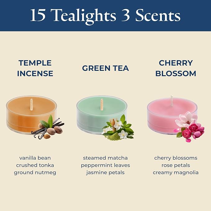 PartyLite Set of 15 Tea Lights Sampler Candles, Aromatherapy Tribute to Tokyo Scented Candles Gift Set, Up to 4 to 6 Hours Burn Time