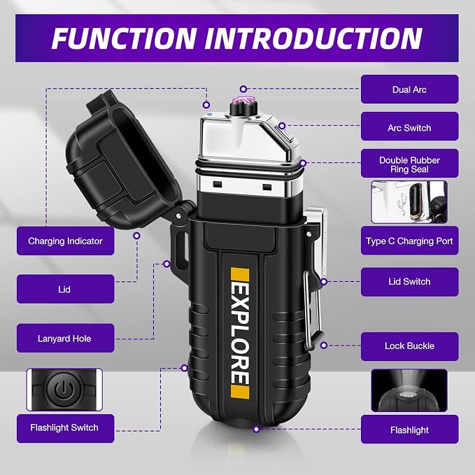 LcFun Waterproof Electric Dual Arc Lighter USB Type C Rechargeable Windproof Flameless Plasma Lighters with Flashlight for Camping, Hiking, Outdoor Survival, Tactical Gear Gifts for Men