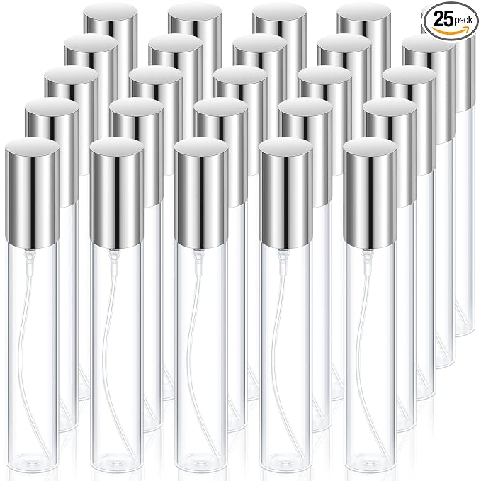 Yinder 25 Pcs 15ml Travel Spray Bottle Refillable Perfume Atomizer Bulk Glass Mini Cologne Perfume Bottles Empty Fine Mist Portable Small Sample Containers(Silver)