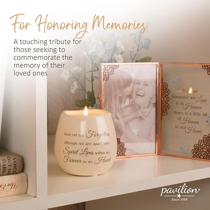 Pavilion - 8 Oz Candle Holder - White Ceramic Candle Jar with 100% Soy Wax Candle Tranquility Scent Gone Yet Not Forgotten Ideal Remembrance Gift for Love One Who Passed - Printed Text & Love Theme