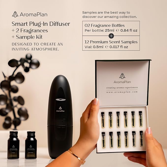 AromaPlan 5 Star Collection Plug in Diffuser (Fragrances+Sample Set Included)-Cold Air & Waterless Diffusers for Home & Office- Silent Wall Diffuser Plug in, Bluetooth App Control, 500 sq. Ft (Black)