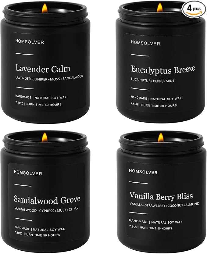 Homsolver Set of 4 Scented Candles for Home Decor, Candle Gifts for Dad Men Him, 200Hours Burn Tine, Vanilla, Lavender, Sandalwood, Eucalyptus Scented with Black Jar