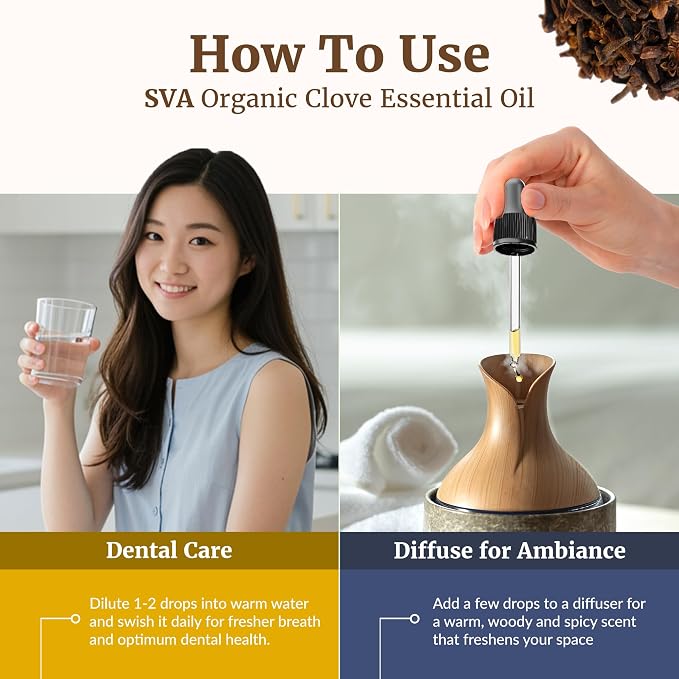 SVA Clove Essential Oil Organic– 16 Fl Oz – 100% Natural Clove Oil - for Diffuser, Hair Care, Face, Skin Care, Aromatherapy, Scalp and Body Massage, Soap and Candle Making