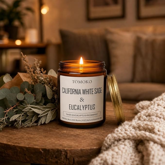 TOMOKO California White Sage & Eucalyptus Scented Candle, 100% Soy Wax, Natural Essential Oils, Amber Jar, 9 oz, 50-Hour Burn