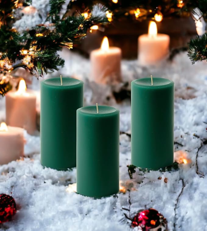 Mister Candle Dripless Unscented Pillar Candles, Set of 3 Hand Poured Hunter Green Pillar Candles, Solid Color Non-Scented Candles for Home Decor, Premium Wax, 80 Hr Burn Time, 3x6 Inch