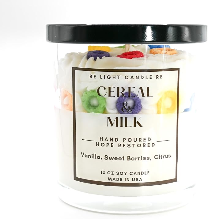 Cereal & Milk Candle | Purpose-Driven Soy Candles | Fun Cute Fruit Loops Candle | Cereal Bowl Food Gift Idea for Friend Birthday Bestfriend Mother's Day | Be Light Candle RE (Cereal & Milk)