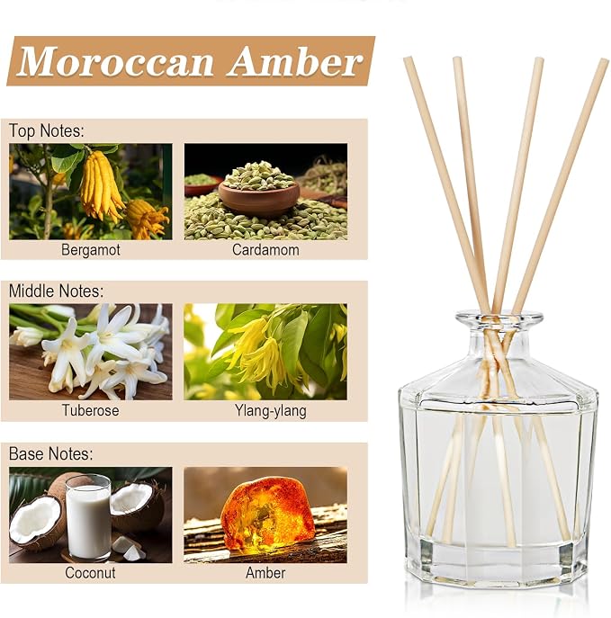 L'odeur Vill Reed Diffuser, 8.5 Oz(250ml) Moroccan Amber Bathroom Diffuser with 10 Sticks, Scented Diffuser Home Fragrance Essential Oil Reed Diffuser Set for Home Large Rooms Bathroom Shelf Decor