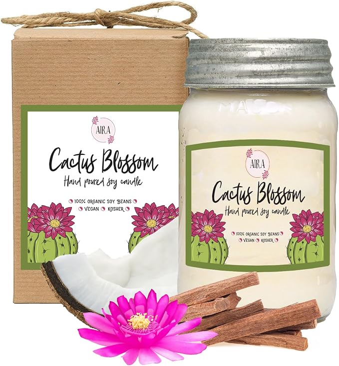 Aira Soy Candles - Organic, Kosher, Vegan, in Mason Jar w/Therapeutic Grade Essential Oil Blends - Hand-Poured 100% Soy Candle Wax - Paraffin Free, Burns 110+ Hours - Cactus Blossom -16 Ounces