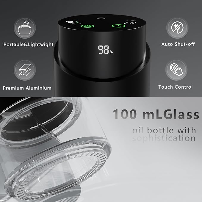 Waterless Essential Oil Diffuser - Rechargeable Black Aluminum Alloy 100ml Scent Machine with 4 Timers, 3 Mist Levels & Vehicle Mode for Home, Car, Office, Studio