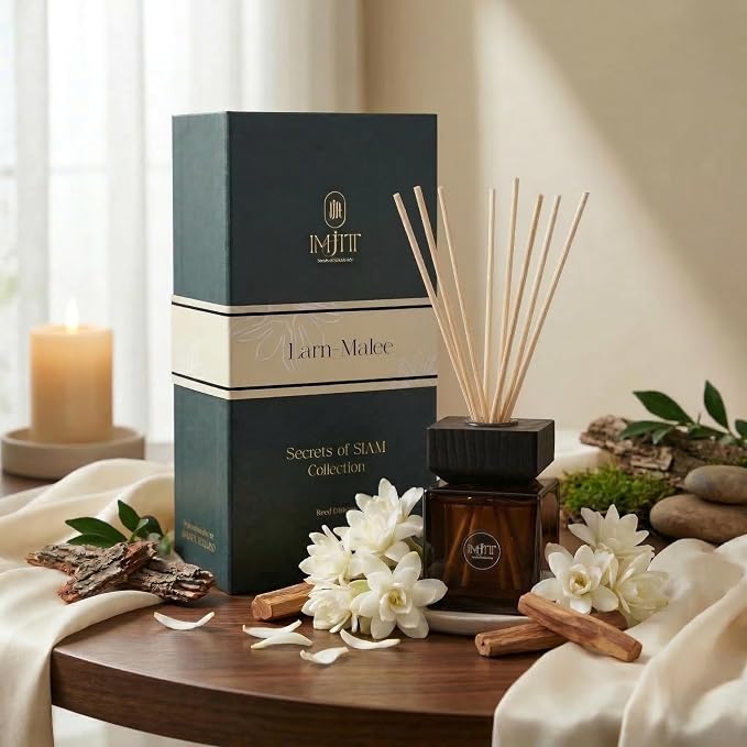 Larn-Malee Reed Diffuser Set by IMJITT, Secrets of SIAM Collection, Luxury Room Diffuser with Tuberose and Sandalwood, Authentic Thai Botanicals for Home Office Decor and Elegant Ambiance