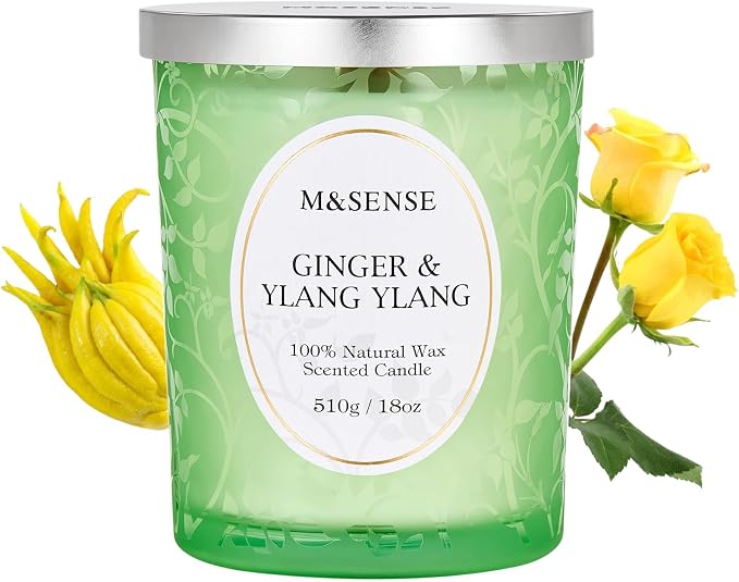 M&SENSE Ginger Ylang Ylang Scented Candle, Soy Wax, 18oz | Cracking Wooden Wick, 100 Hours Long Lasting, Large Jar, Non-Toxic Aromatherapy, Relaxing