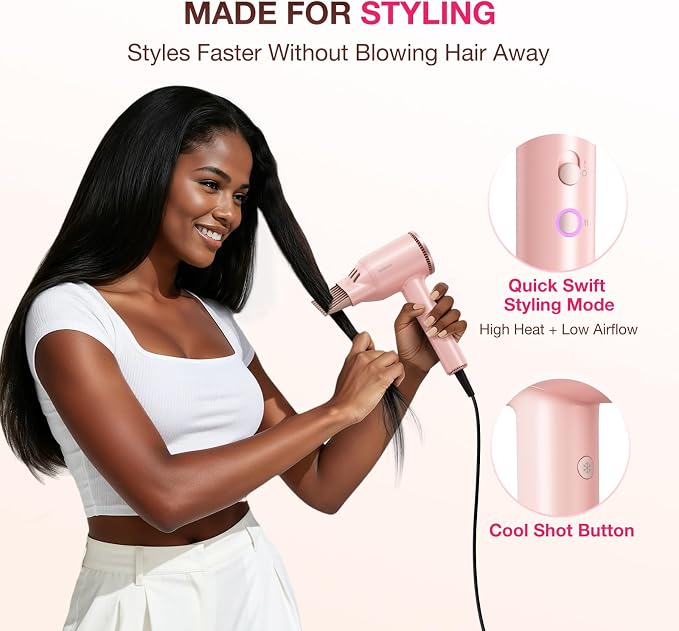 BABONIR Hair Dryer, 110,000 RPM High-Speed Brushless Motor for Fast Drying, 1875W Plasma Blow Dryer with Comb, Diffuser & Concentrator, 550 Million Ionic Hairdryer, Low Noise, for Travel, Salon, Pink