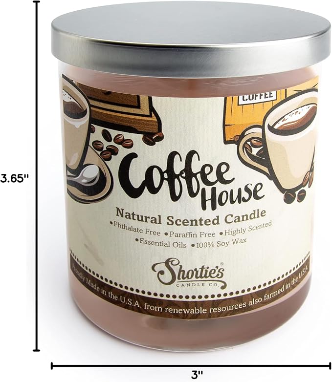 Coffee House Scented Natural Soy Candle, Essential Fragrance Oils, 100% Soy, Phthalate & Paraben Free, Clean Burning, 9 Oz.