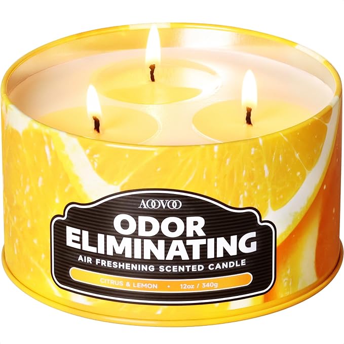 AOOVOO Citrus Lemon Odor Eliminating Candle - 3 Wick 12oz Long Lasting Highly Fragranced Candle, Eliminates 95% of Smoke, Food, Pet and Other Smells Quickly, Large Air Freshing Soy Candles