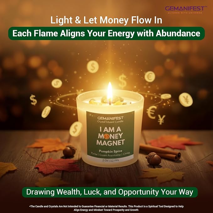 Money Manifestation Candle with Pyrite Bracelet for Wealth Prosperity and Success Pumpkin Spice Soy Candles for Office Home Scented Prosperity Crystal Candle Gifts for Men Women