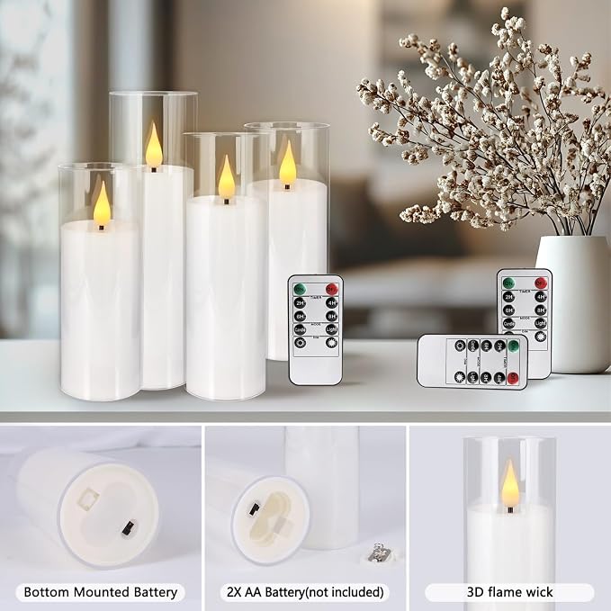 YOROXRG Set of 24 Flickering Flameless Candles Battery Operated with Remote and 2/4/6/8 H Timer Plexiglass Led Pillar Candles with Realistic Moving Wick Candles for Home Decor (D2.2"xH 5"6"7")(White)