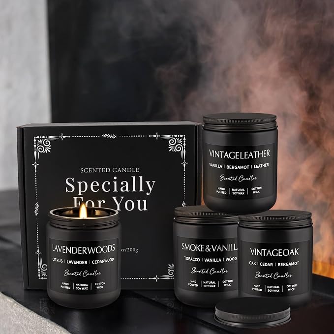 WPONSZU 4Psc Scented Candles Set,7oz Gifts for Men Aromatherapy,Soy Candle of Smokeless - Leather & Smoke, Vanilla Oakmoss, Lavender - Relaxing Fragrance for Home, Office, Yoga(Black)