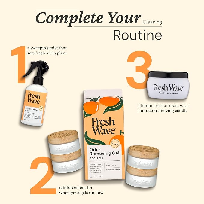 Fresh Wave Odor Removing Gel Eco-Refill, 63 oz. Orange Scent | 4 Empty Refillable Glass Jars | 4 Room Set