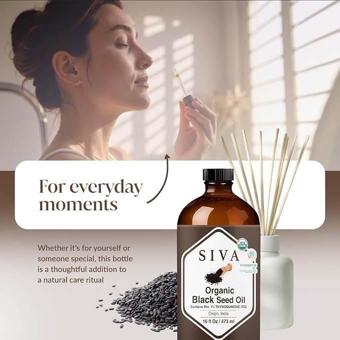 Siva Black Seed Organic Oil 16oz (473ml) Premium Cold-Pressed Organic Carrier Oil for Face, Skin Care, Body Massage, Hair Care, Hair Oiling & Scalp Massage