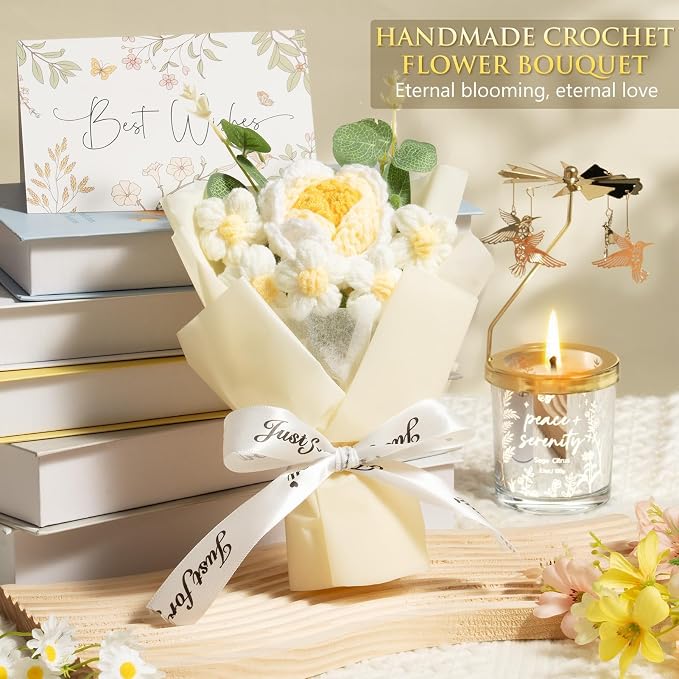 Mothers Day Gifts for Women Mom Friend Sister, Unique Birthday Gifts for Women Girlfriend Wife Daughter, Christmas Candles Hummingbird Rotating Scented Candles Set for Woman w/Crochet Flower Bouquet