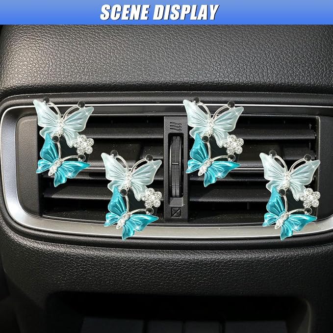 ZIMISI Car Vent Clip, Dual Butterfly Air Vent Clips, Bling Diamond Car Diffuser Clips, Cute Air Conditioning Outlet Decoration, Butterfly Car Accessories for Women (4Pcs/Blue)