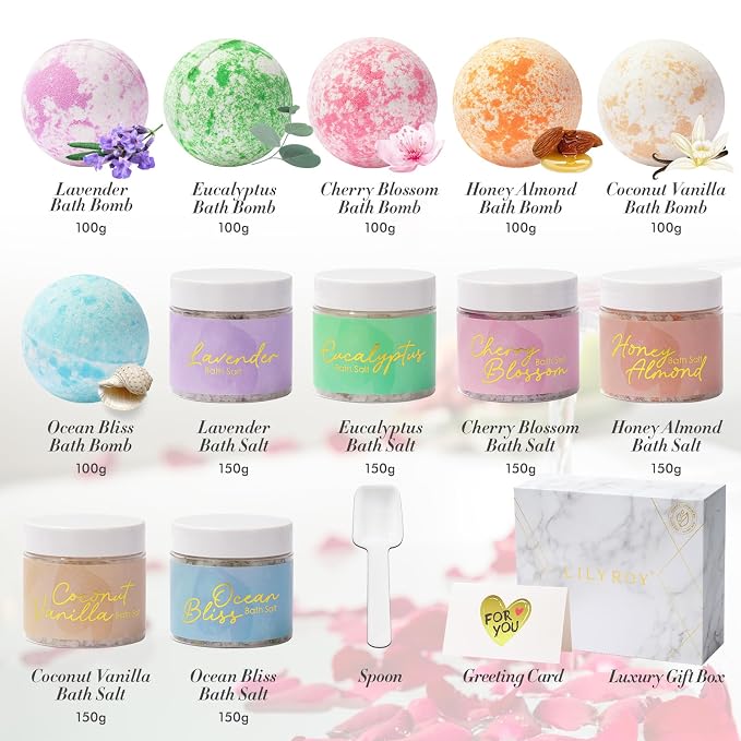 Luxurious Mothers Day Gifts for Women15-Piece Floral 6 x 150g Bath Salt & 6 x 100g Bath Bomb Gift Set for Christmas Gifts, Bath & Body Gift Set for Women, Self Care Kit Elegant Box | Birthday Gift
