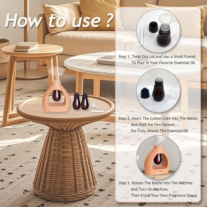 Empty Bottle for Essential Oil Refilling, 2 Empty Bottles & 6Filter Cottons & 1Mini Funnel, Fit Waterless Aroma Diffuser
