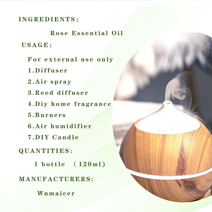 Rose Essential Oil 4 Oz, Premium Rose Oil with Glass Dropper for Massage, Face, Skin, Diffuser, Yoga, Meditation and Aromatherapy 120 mL