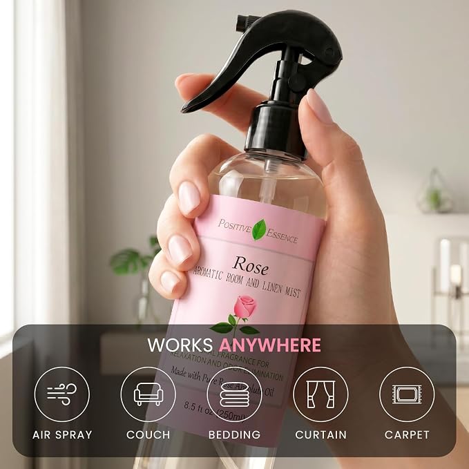 Rose Linen and Room Spray – Natural Pillow Mist with Pure Essential Oil, Calming Floral Home Fragrance, Rose Water Spray, Bathroom Freshener, Fabric and Air Spray – 8.5 fl oz