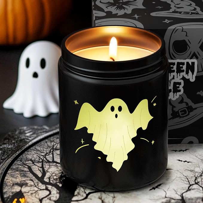 Halloween Decor Indoor-Halloween Gifts Candles for Women with LED Ghost, Ghost Candle with Mint & Musk Scent Over 40 Hours of Burn Time, Gift for Holiday, Home Fall Decorations Indoor, 100% Soy Wax