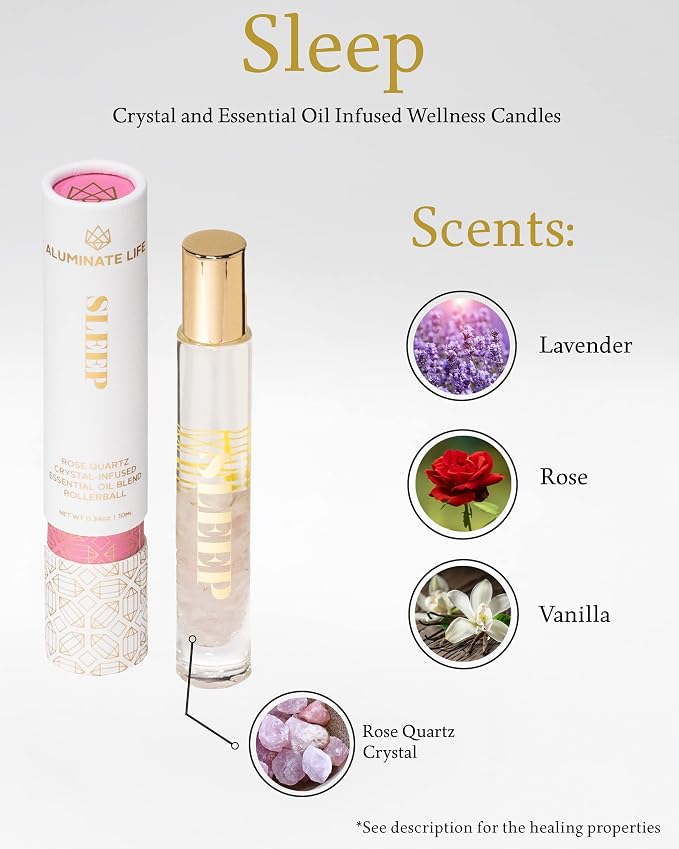 Essential Oil Rollerball - Sleep, 0.34 oz – Rose Quartz Crystal Infused Roll On with Rose, Lavender & Vanilla – Aromatherapy Blend, Vegan, Made in USA, Gift Ready