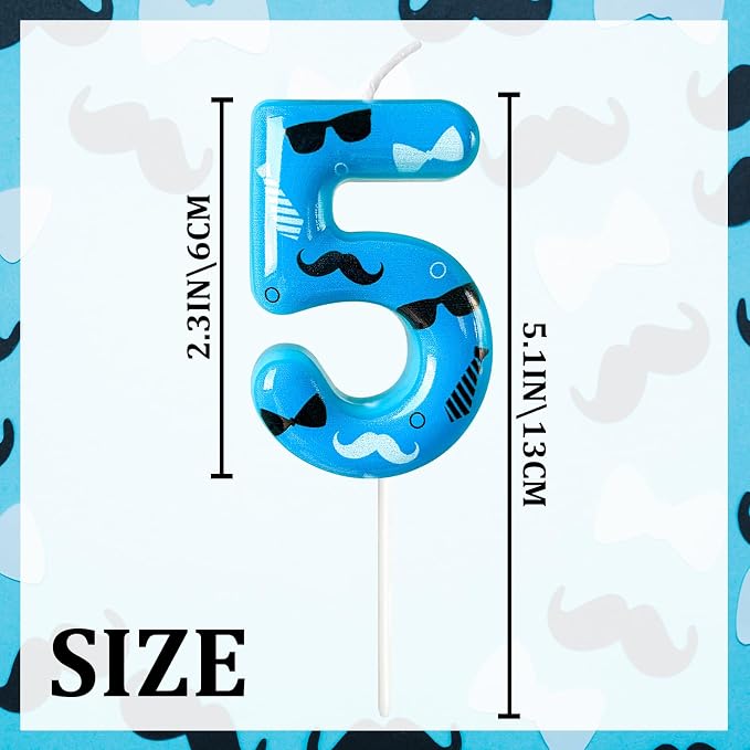 Number 5 Birthday Candle for Cake – Blue Gentleman Style with Sunglasses, Bow Tie & Mustache Design – Cool Cake Topper for Birthday Party Decoration
