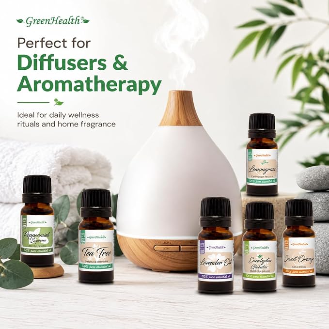 GreenHealth Top 6 Essential Oil Gift Set – 100% Pure Therapeutic Grade – Lavender, Tea Tree, Eucalyptus, Lemongrass, Sweet Orange, Peppermint – Aromatherapy & Diffuser Oils 6x10ml