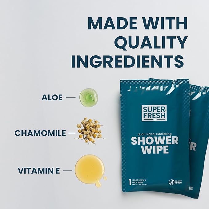 Super Fresh Shower Wipes Large Unscented Body Wipes for No Rinse Bathing Personal Hygiene Gym Travel or Camping Enriched with Aloe and Vitamin E 50 Individually Wrapped Disposable Sheets