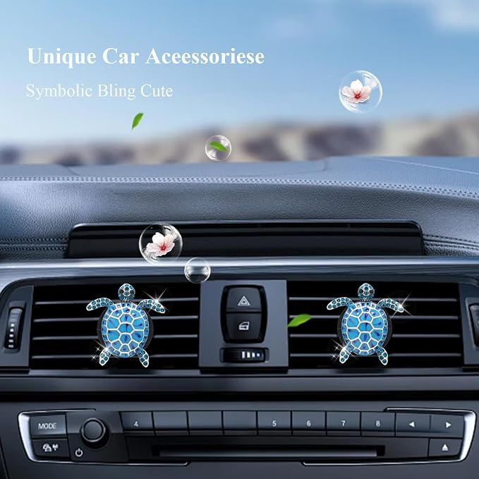 ORIESSE Sea Turtles Car Decor,Cute Blue Silver Beach Themed Air Freshener Vent Clips,2pcs Glamorous Turtle Coastal Car Accessories Interior Decoration for Women,Refillable Diffuser