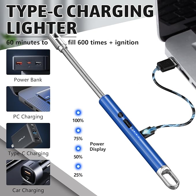 2 Pack Electric Candle Lighters, USB Rechargeable Lighter with Windproof Flameless & Extended Handle, Suitable for Candles, BBQ, Camping, Gas Stove, Festivals Gift (Blue, 2 Packs-A)