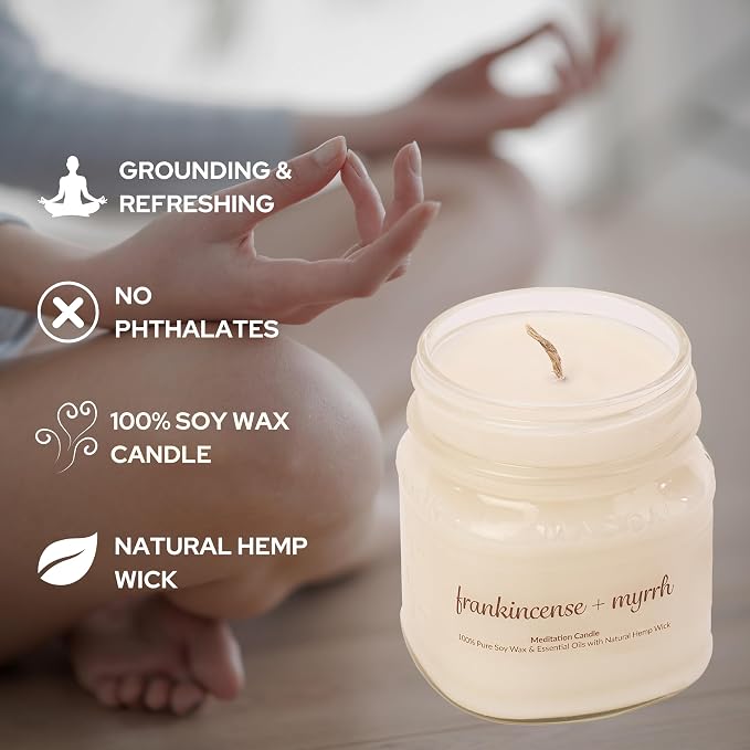 Meditation Soy Wax Candle, Relaxing and Banishing Negative Energy, Non-Toxic Handpoured Glass Jar Candle - Clean Burning, Long Lasting, Candles for Home, Fragrance (Frankincense + Myrrh)